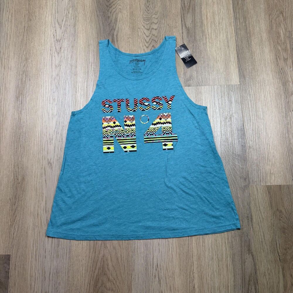 Stussy Shirt Mens Medium Blue N4 Graphic Tank Top Tribal Print USA Aztec